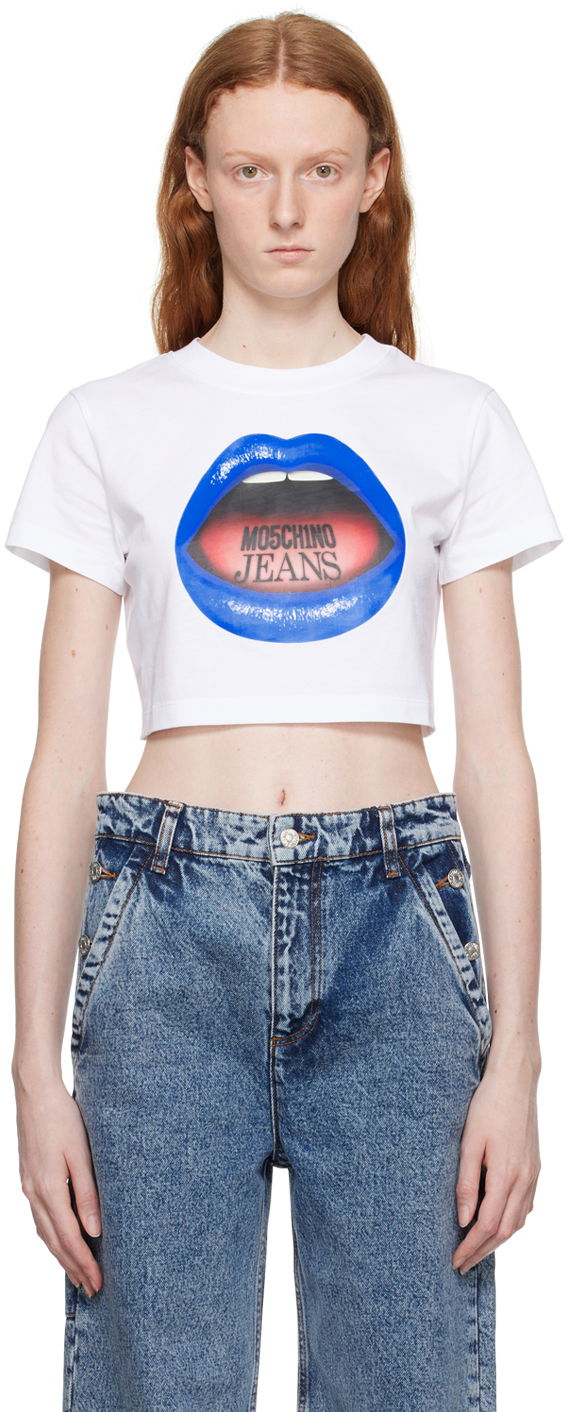 Crop top Moschino Moschino Jeans Graphic Crop T-Shirt Bijela | 1208 8262