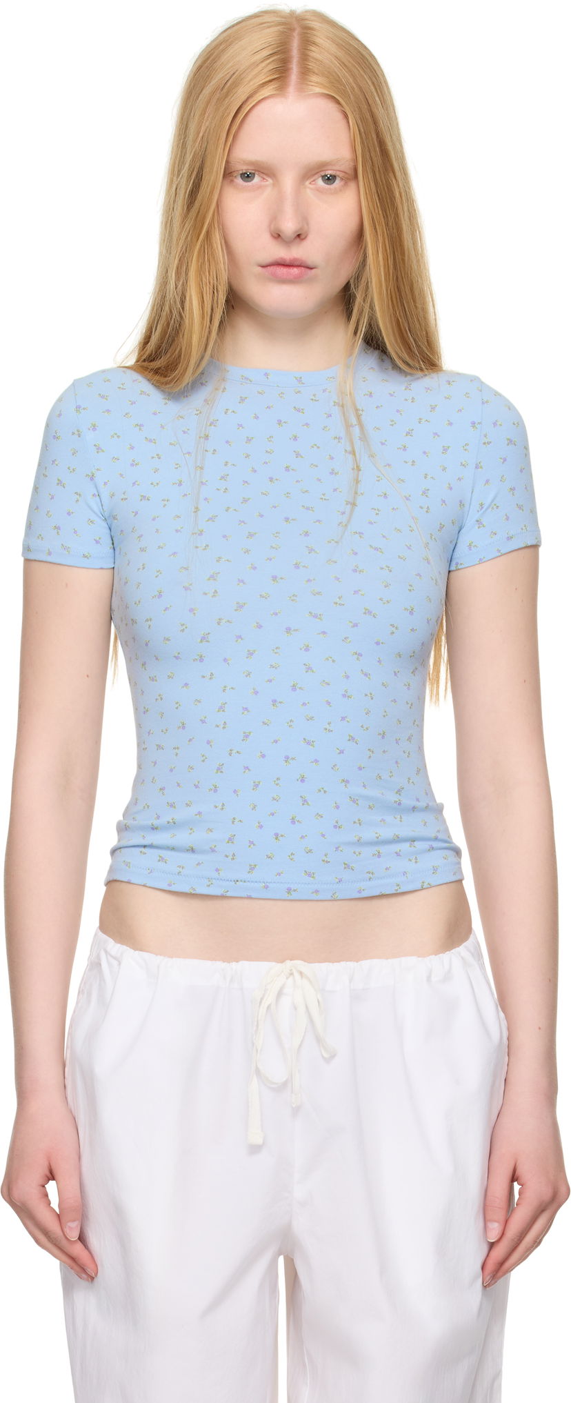Majica kratkih rukava SKIMS SKIMS Cotton Jersey T-Shirt with Floral Print Plava | SS-STT-9004W