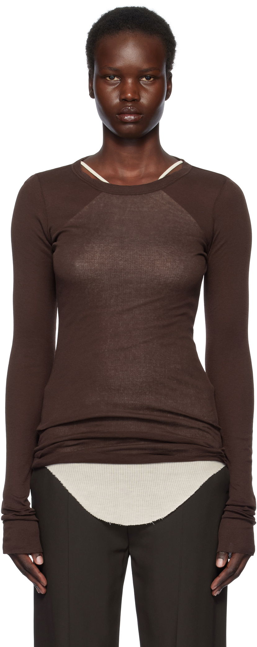 Džemper Rick Owens Rick Owens Hollywood Rib Long Sleeve T-Shirt Smeđa | RP01E7202 MR