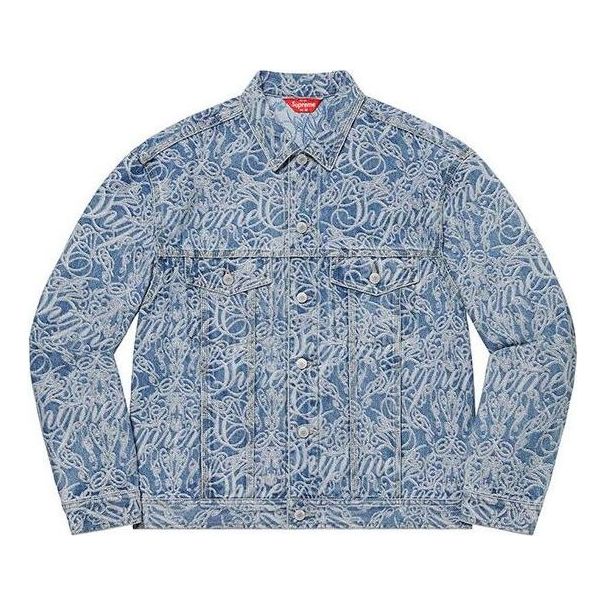 Jakna Supreme Script Jacquard Denim Trucker Jacket Plava | SUP-FW22-723, 0