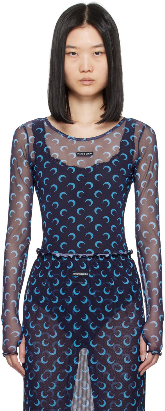 Majica kratkih rukava Marine Serre Navy Moon Printed Long Sleeve T-Shirt Tamnoplava | WTS012A