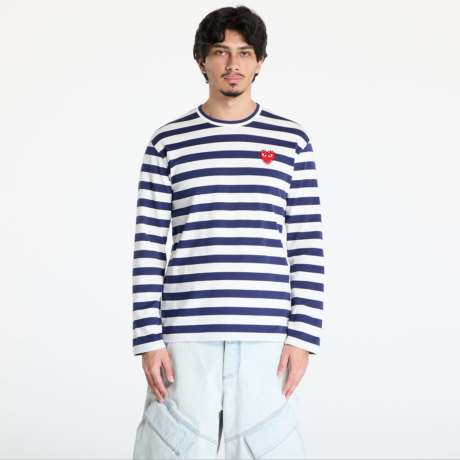 Majica kratkih rukava Comme des Garçons Comme des Garçons PLAY Stripe Emblem Long Sleeve T-Shirt with Rhinestone Tamnoplava | AX-T805 NAVYxWHITE, 0