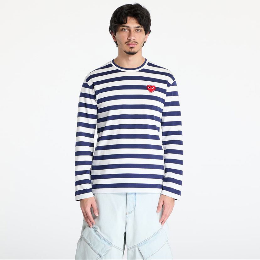 Majica kratkih rukava Comme des Garçons Comme des Garçons PLAY Stripe Emblem Long Sleeve T-Shirt with Rhinestone Tamnoplava | AX-T805 NAVYxWHITE