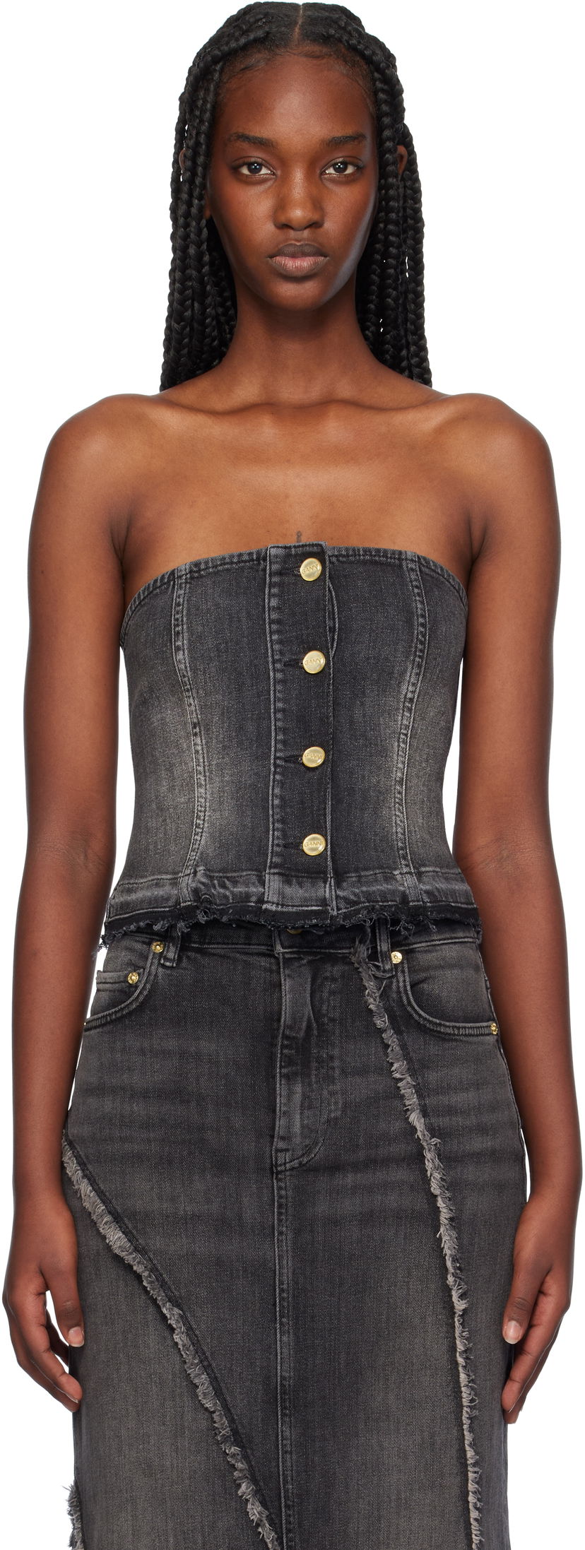 Majica bez rukava GANNI Washed Denim Button Up Top Crna | J1586
