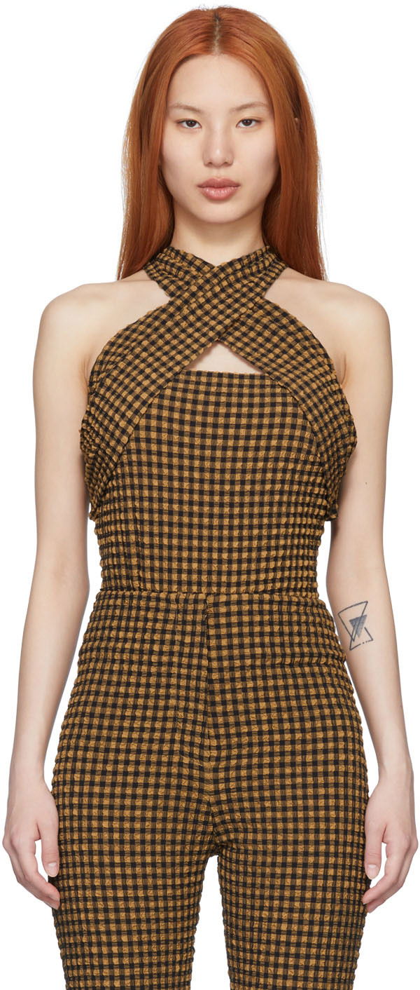 Kombinezon Nanushka Checkered Halter Neck Bodysuit Smeđa | NW22SSJS00399