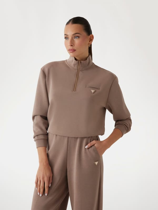 Dukserice GUESS Cropped Half Zip Sweatshirt Smeđa | V5RQ10KCAY2