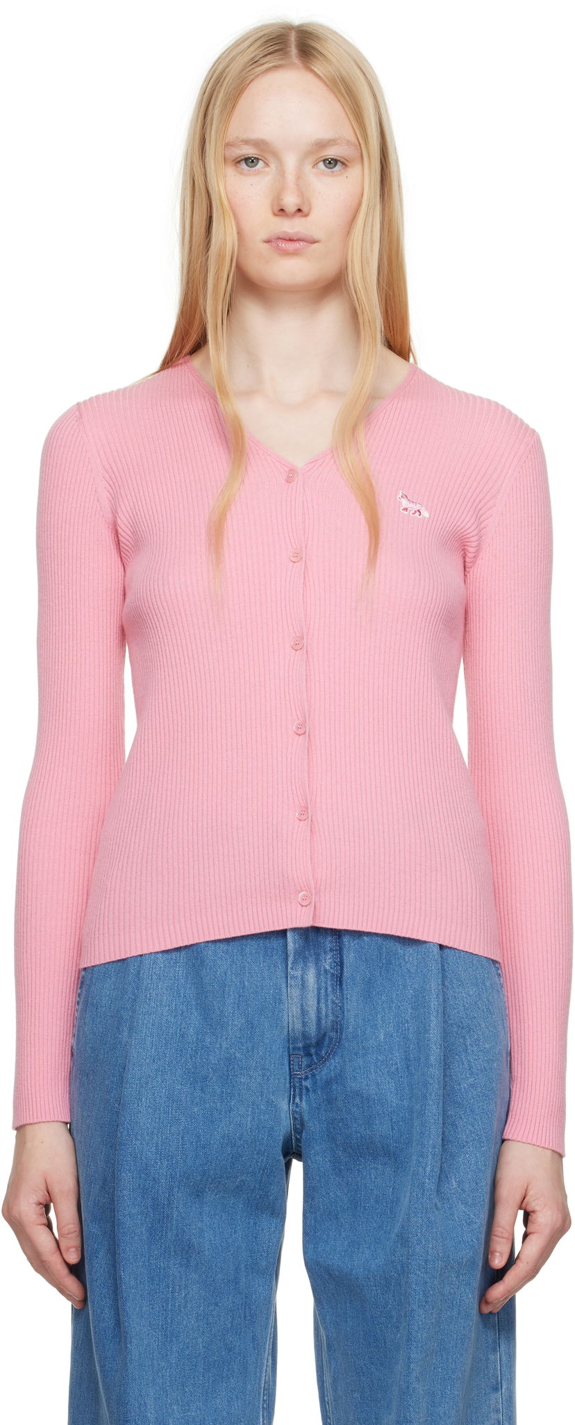 Džemper MAISON KITSUNÉ Maison Kitsuné Baby Fox Patch Fine Ribbed Cardigan Ružičasta | OW00501KT1091