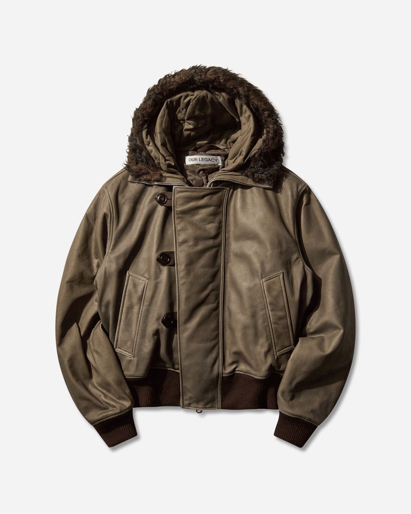 Bomber jakna OUR LEGACY Compel Leather Bomber Jacket with Fur Hood Zelena | M4259CO 001