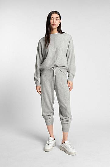 Trenirka BOSS Cashmere Drawstring Tracksuit Bottoms with Cuffed Hems and Front Seams Siva | 50547858, 1