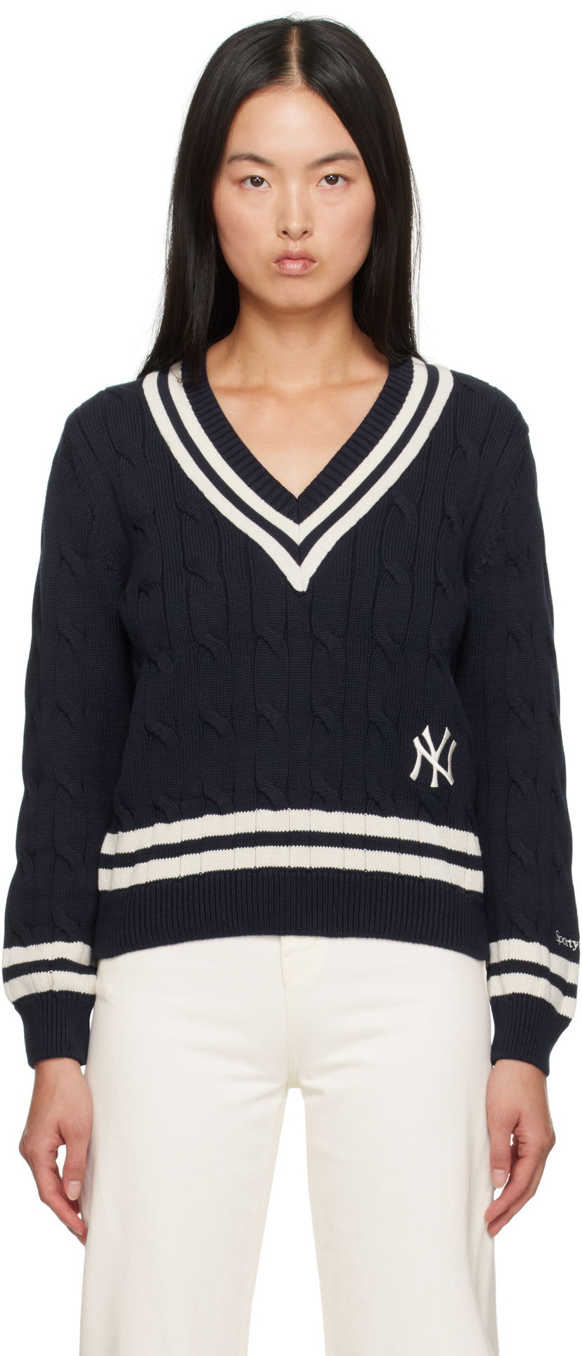 Džemper Sporty & Rich '47 Edition Yankees Serif Cable Knit Sweater Tamnoplava | WS011505631BL32
