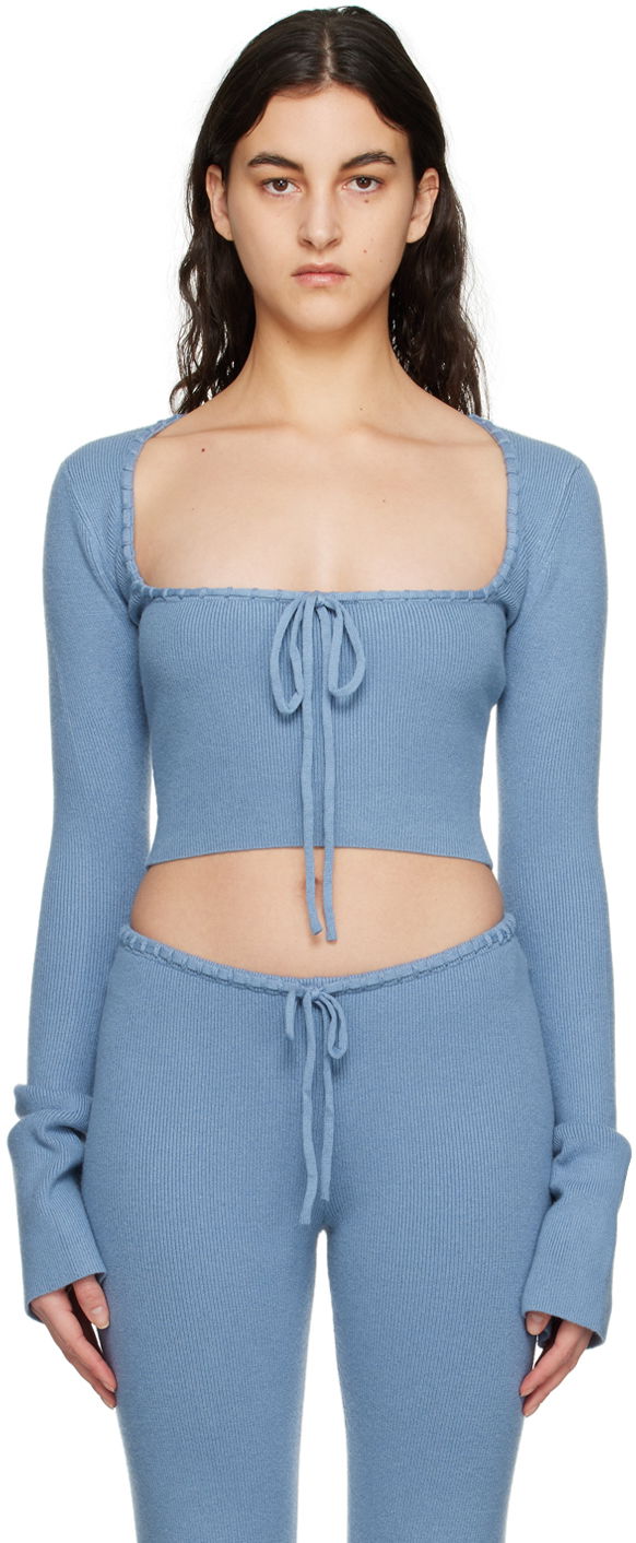 Džemper GUIZIO Guizio Bow Cropped Knit Sweater Plava | DGF22K302_BLU