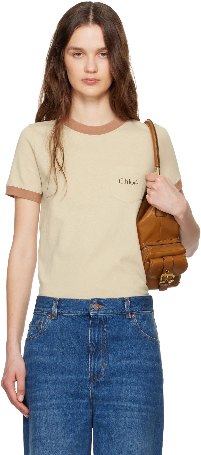Majica kratkih rukava CHLOÉ Chloé Crew Neck Logo Pocket T-Shirt Bež | CH25UJH04187