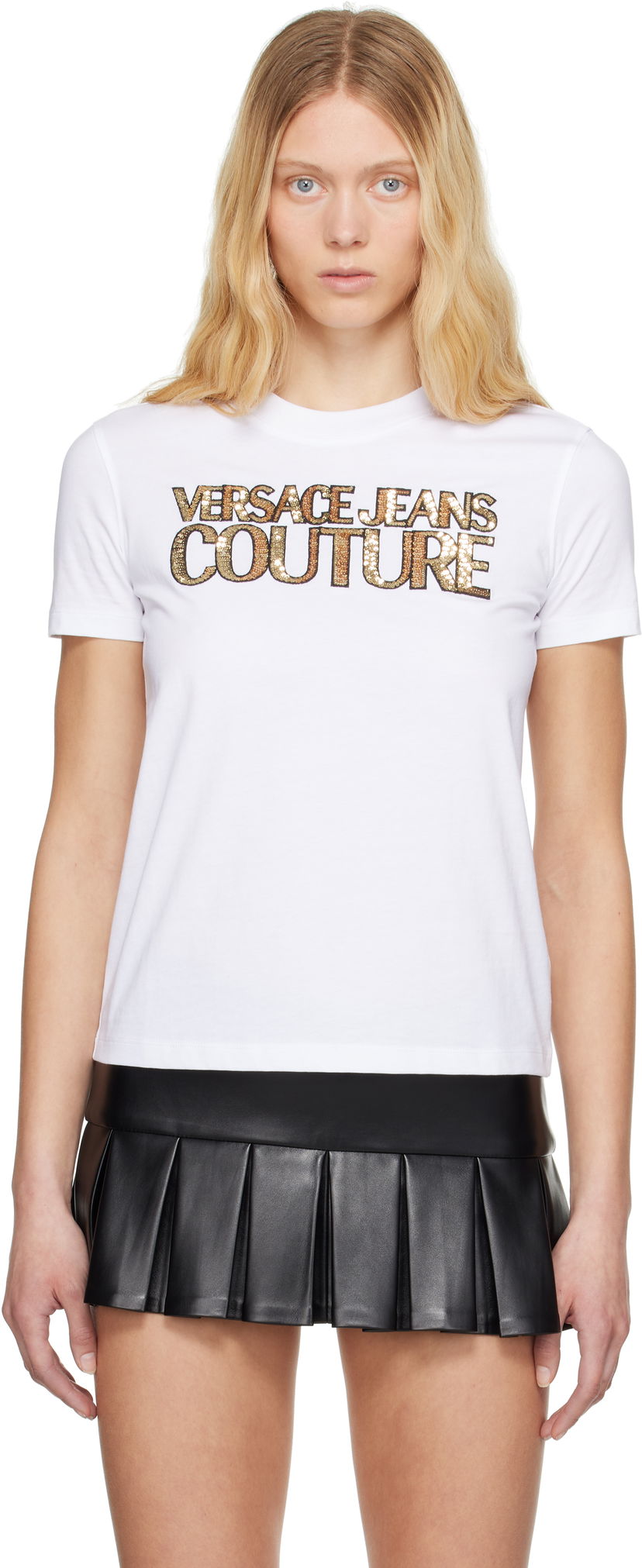 Majica kratkih rukava Versace Versace Jeans Couture Sequinned Logo T-Shirt Bijela | E78HAHE02_ECJ00E