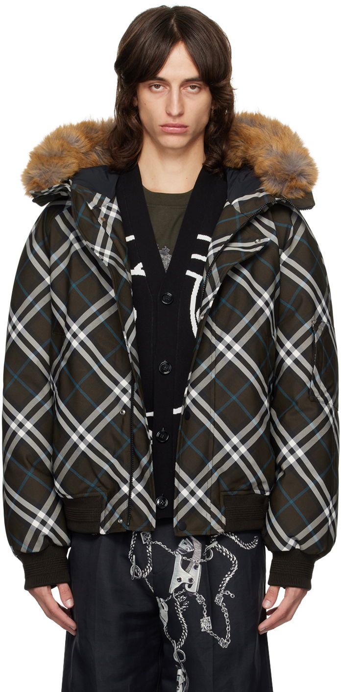 Bomber jakna Burberry Faux-Fur Trim Check Down Bomber Jacket Smeđa | 8091594