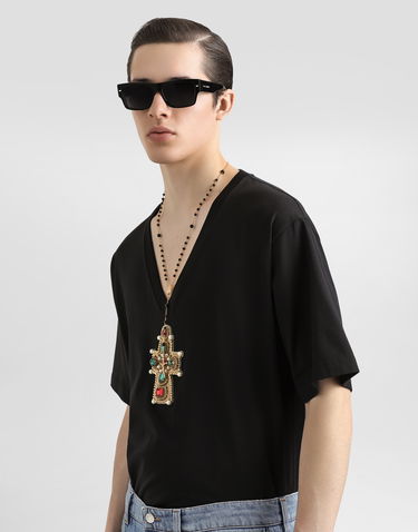 Majica kratkih rukava Dolce & Gabbana Cotton V-Neck T-Shirt With Jeweled Cross Patch Crna | G8QL3ZG7O4IN0000, 3