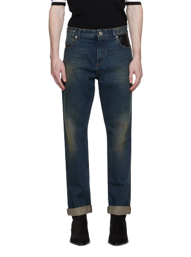 Jeans Balmain Leather Pocket Jeans Tamnoplava | BH0MI043DD83
