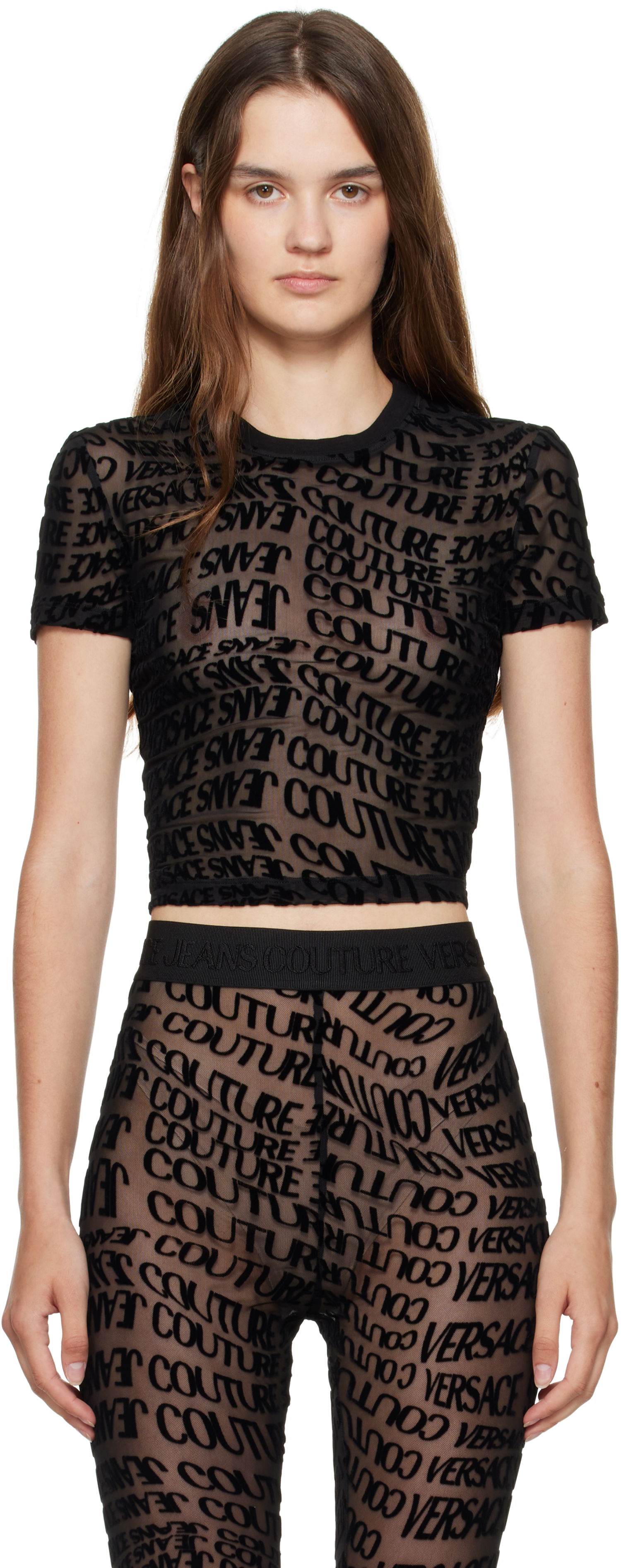 Majica kratkih rukava Versace Versace Jeans Couture Tulle Flock Liquify T-Shirt Crna | E79HAH602_EJS490, 0