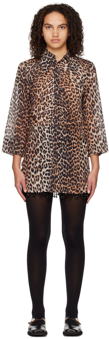 Haljina GANNI GANNI Leopard Print Mini Dress with Beaded Trim Smeđa | F6956