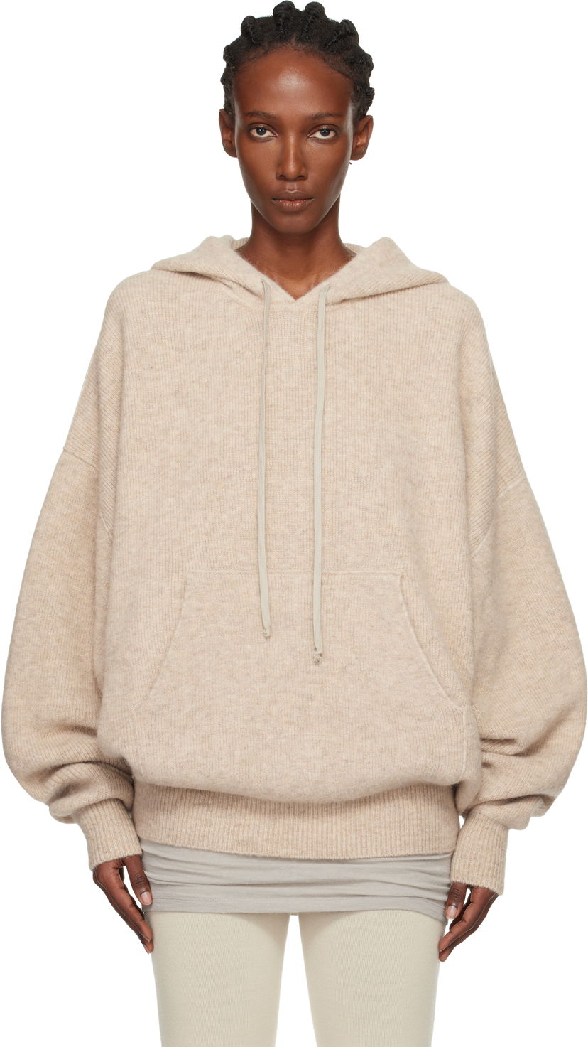 Dukserice Rick Owens Concordians Hun Oversized Knitted Hoodie with Kangaroo Pocket Bež | RO02E4660 KWP
