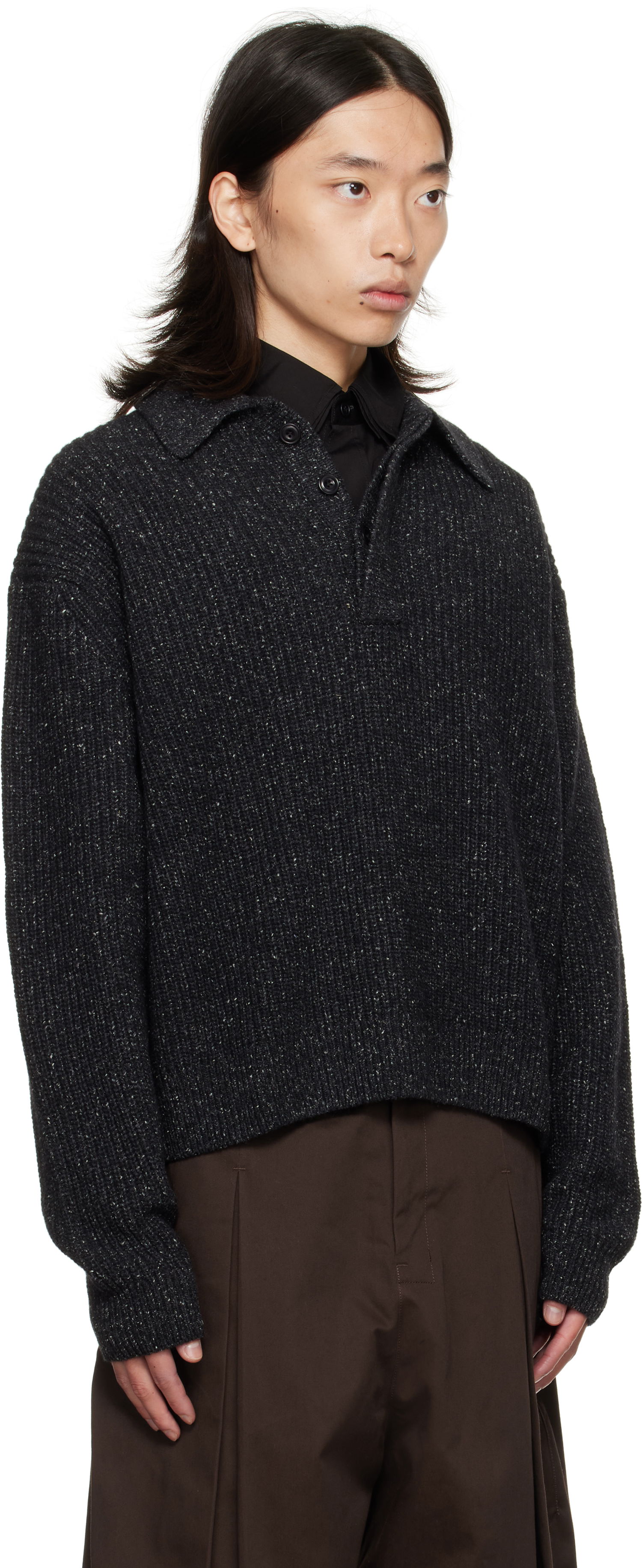 Džemper sage NATION SAGE NATION Knit Polo Sweater Crna | S098 POLO WOOL SPECKLED CHARCO, 1