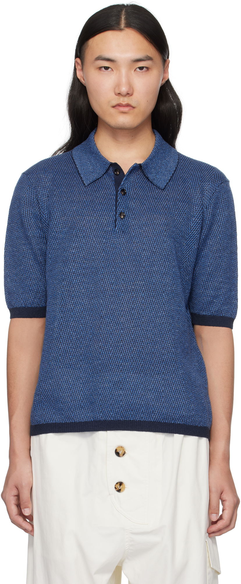 Polo majica Bottega Veneta Bottega Veneta Chevron Knit Linen Polo Plava | 809716V4VW04443