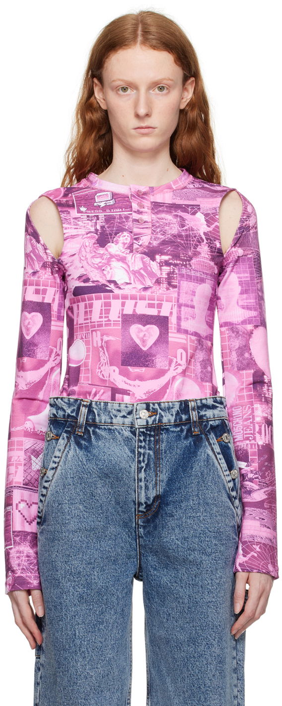 Body Moschino Graphic Print Cut-Out Long Sleeve Bodysuit Ružičasta | 1101 8254