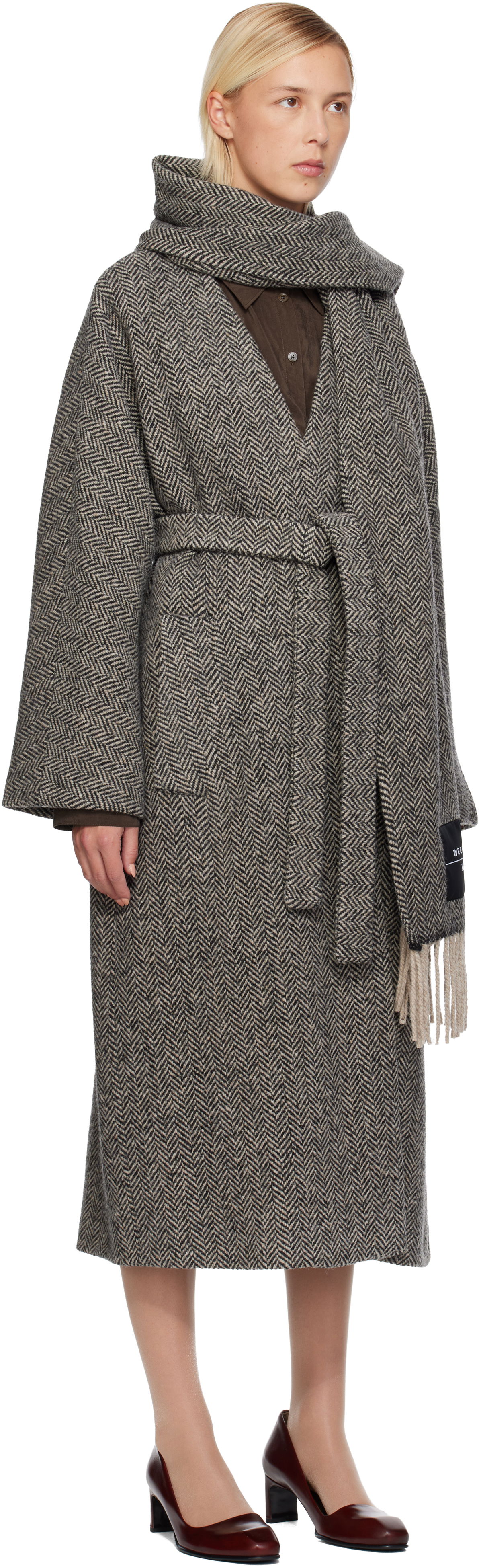 Kaputi Max Mara Weekend Zenica Herringbone Belted Coat with Scarf Siva | 2525016042600, 1