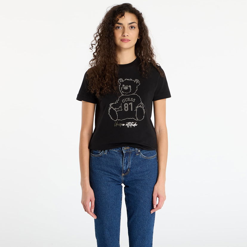 Majica kratkih rukava GUESS Short Sleeve Rhinestone Teddy Bear Unique Attitude T-Shirt Crna | V5BI16K8FQ4-JBLK