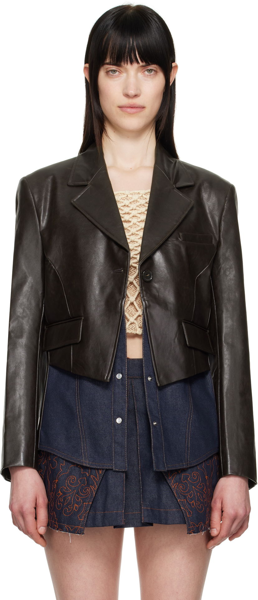 Jakna Andersson Bell Andersson Bell Hybrid Faux-Leather Cropped Blazer Smeđa | awa683w