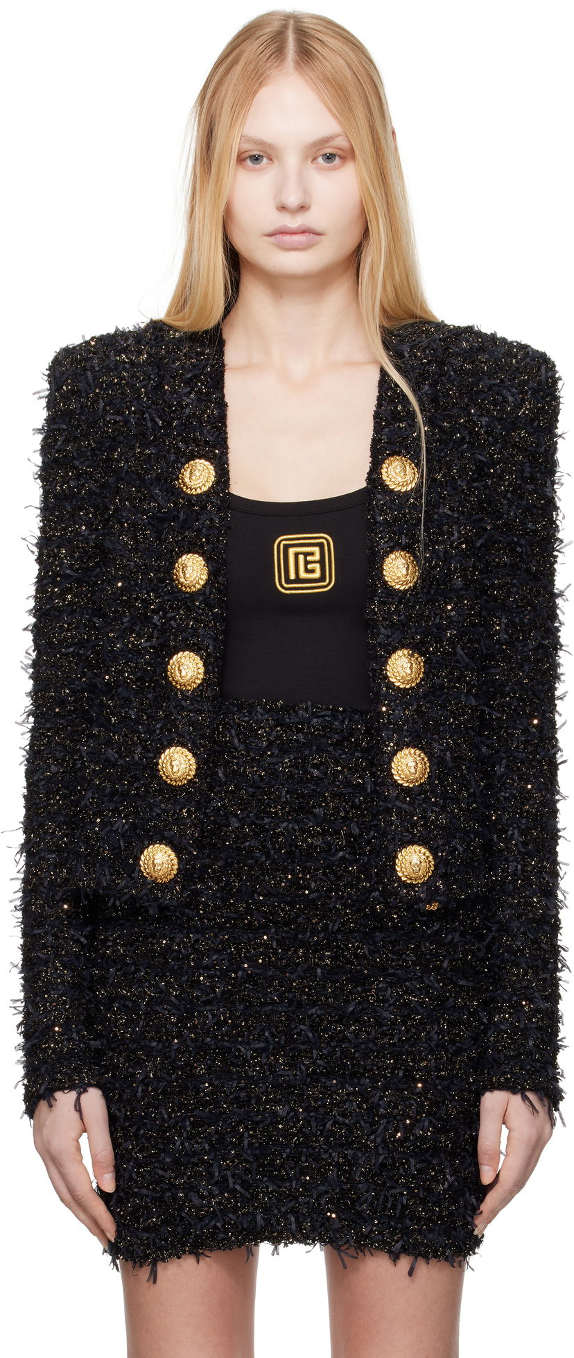 Jakna Balmain Balmain Tweed Jacket with Gold-Tone Buttons Crna | EF1SK048KB19