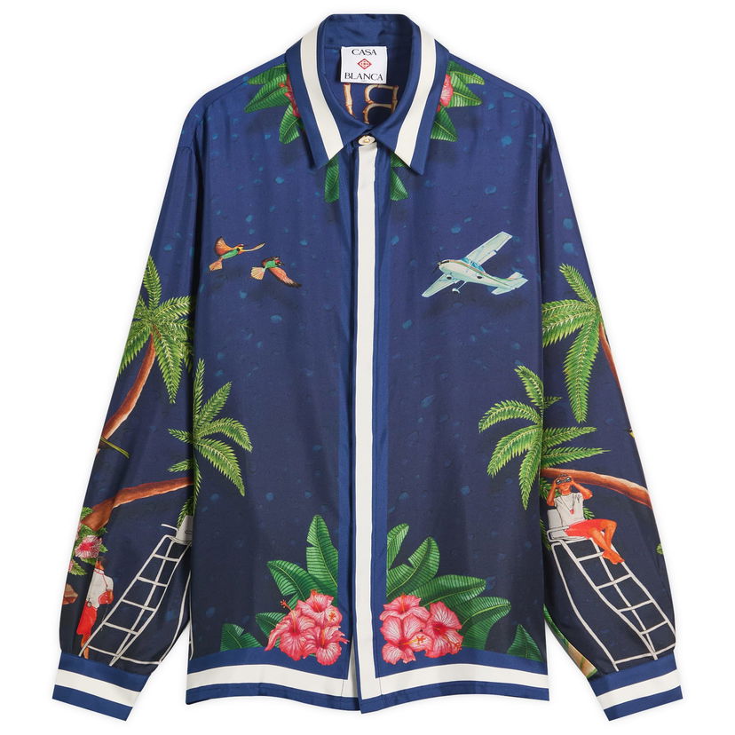 Košulja Casablanca Casablanca Classic Long Sleeve Patterned Silk Shirt, Size Large Plava | MPF25-SH-021-02