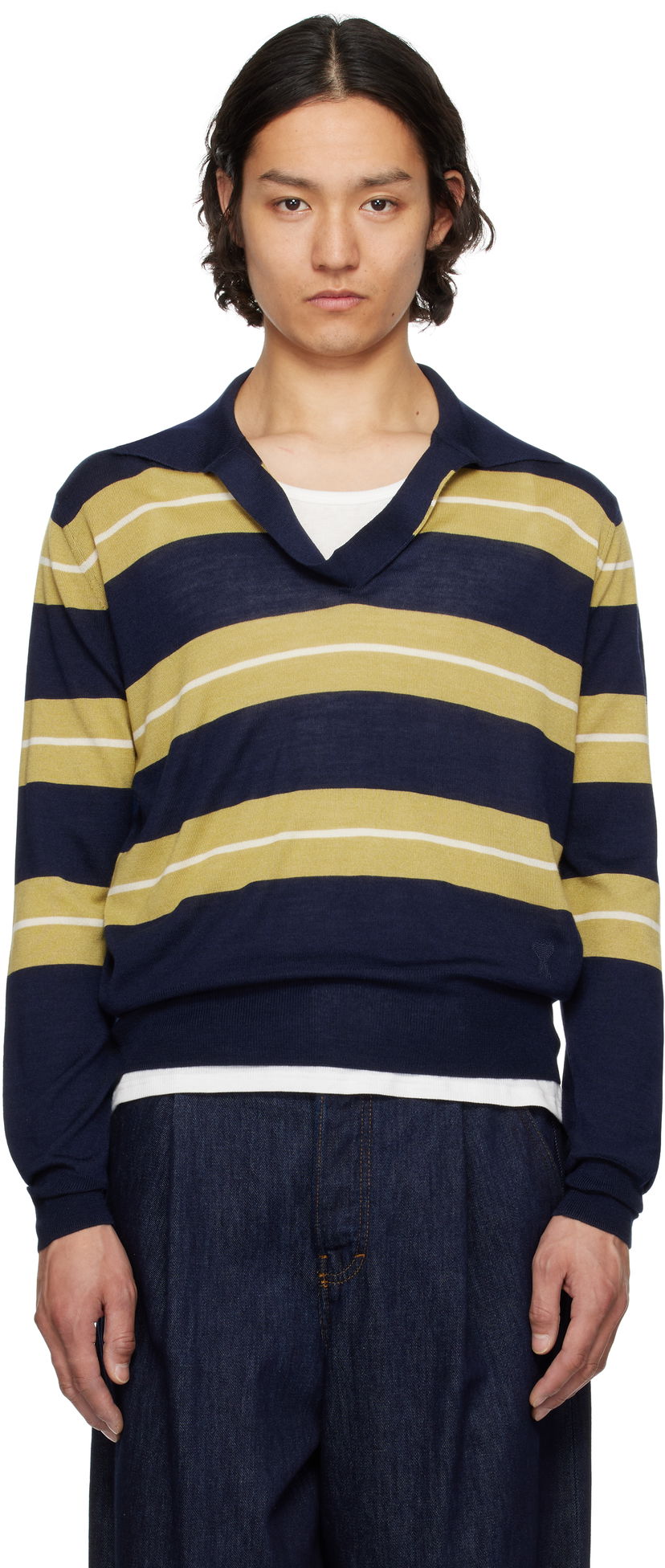 Džemper AMI AMI Paris Wool Silk Striped Polo Tamnoplava | HPL376.KN0079