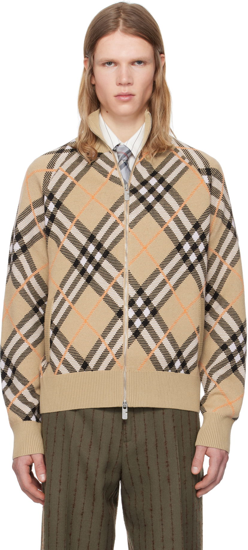 Džemper Burberry Burberry Check Wool Mohair Blend Zip-Up Jacket Bež | 8095087