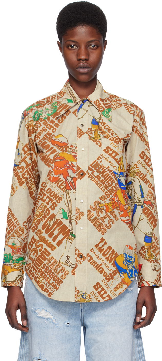 Košulja ERL Brown Graphic-Print Cotton Button-Up Shirt Bež | ERL07B006