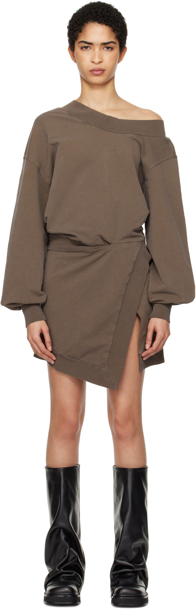 Haljina The Attico Attico Off-Shoulder Draped Sweater Mini Dress Smeđa | 250WCA00397 JJF006AA