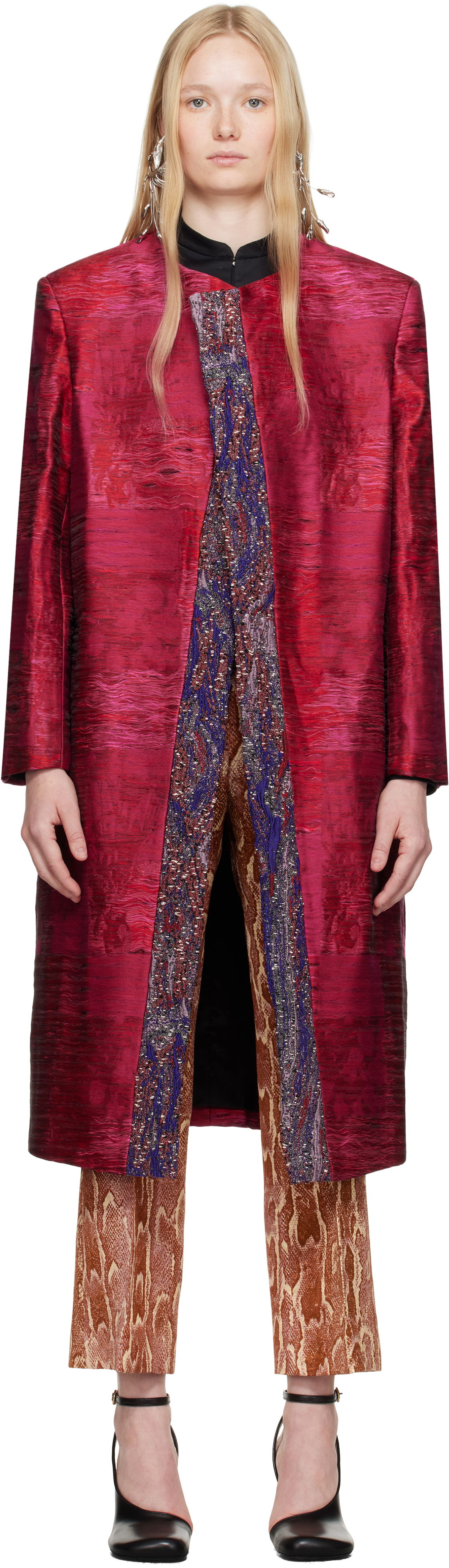 Kaputi Dries Van Noten Dries Van Noten Jacquard Panel Coat Crvena | 251-010222-1544, 0