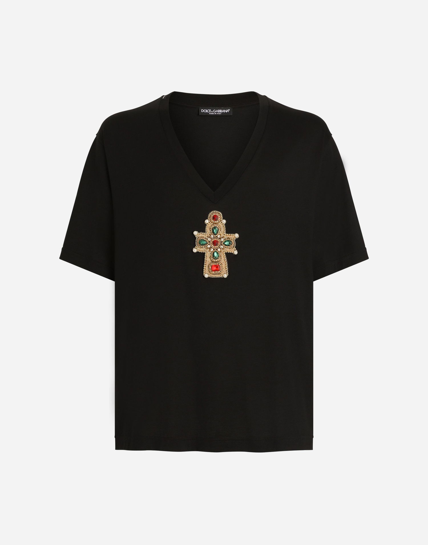 Majica kratkih rukava Dolce & Gabbana Cotton V-Neck T-Shirt With Jeweled Cross Patch Crna | G8QL3ZG7O4IN0000, 0