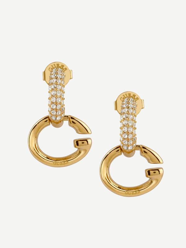 Naušnice GUESS Gold Tone Pave G Logo Hoop Earrings Metalik | JUBE04521JW