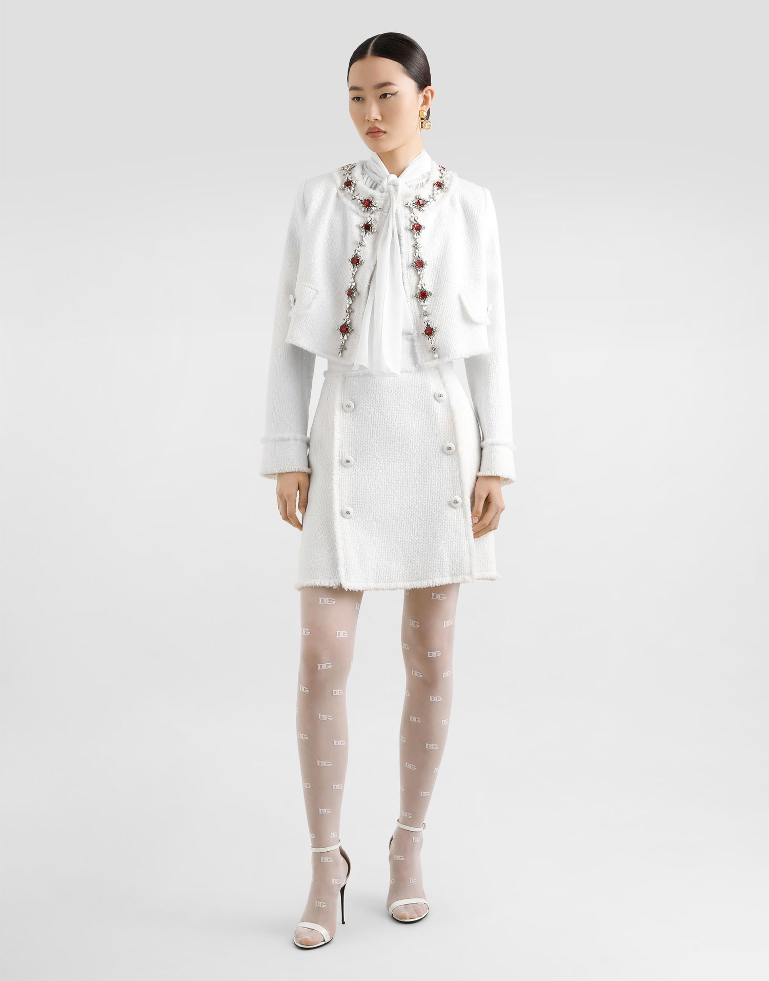 Jakna Dolce & Gabbana Dolce & Gabbana Short Tweed Jacket With Jewel Embroidery Bijela | F26X8ZHUMUAW3789, 1