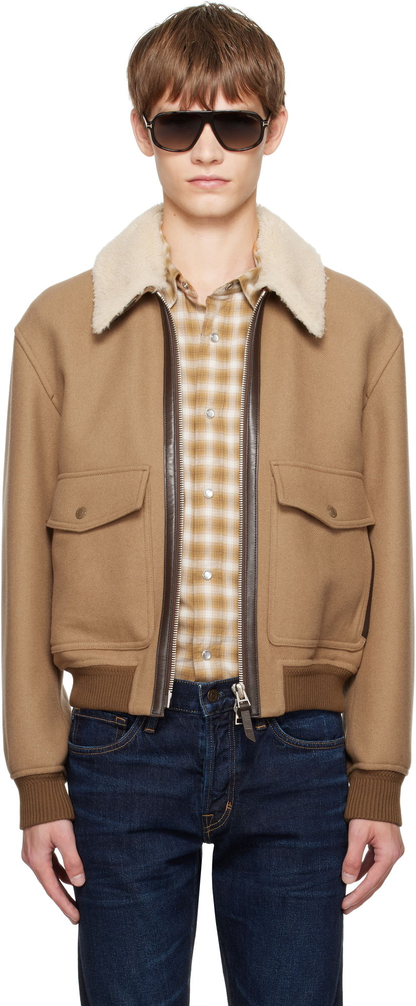 Bomber jakna Tom Ford TOM FORD Double Splittable Shearling Collar Bomber Jacket Smeđa | OBH002-FMW058