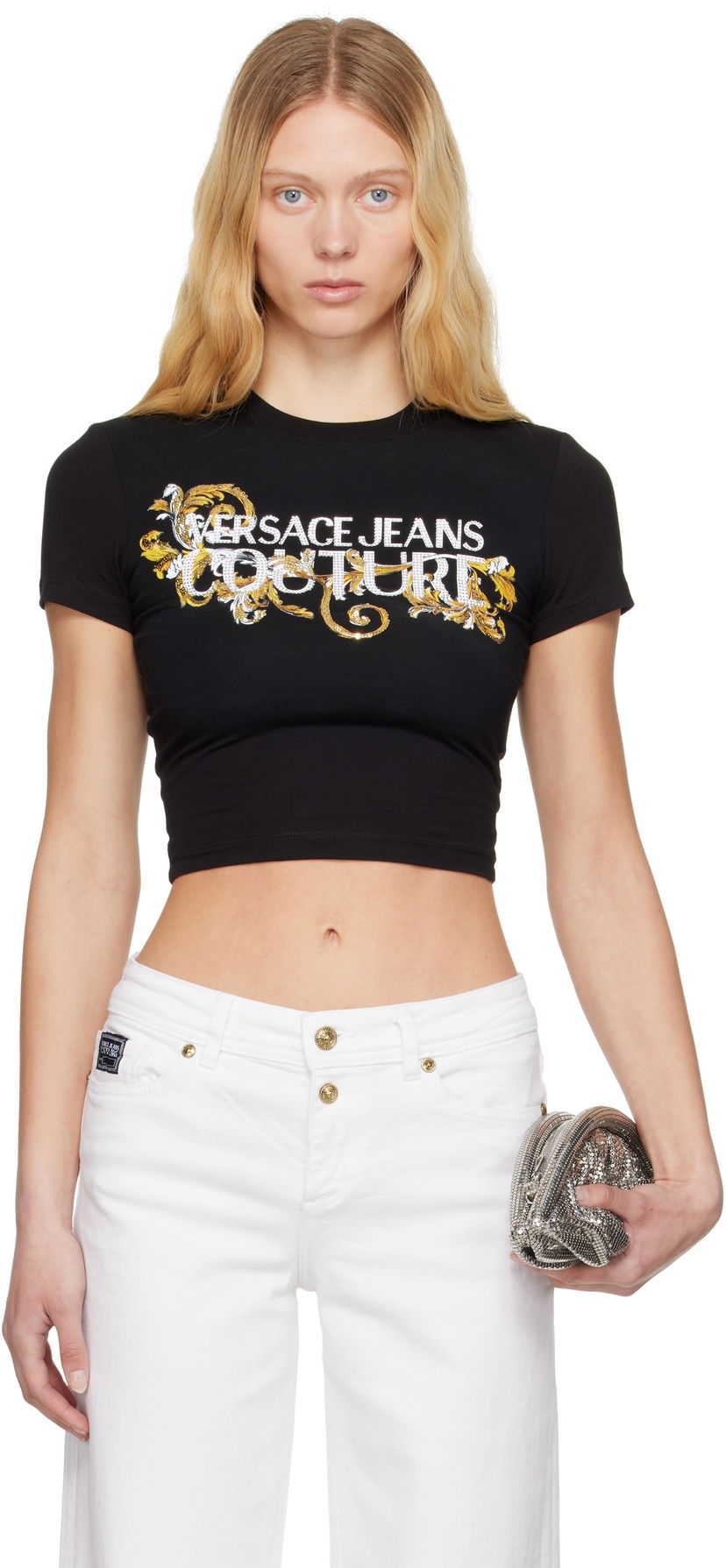 Crop top Versace Versace Jeans Couture Crystal Outline Barocco Cropped T-Shirt Crna | E78HAHC05_ECJ02C