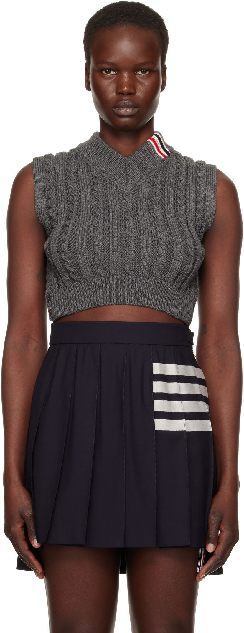 Suknja Thom Browne Cable Cropped V-Neck Vest Plava | FKV202A-Y1024