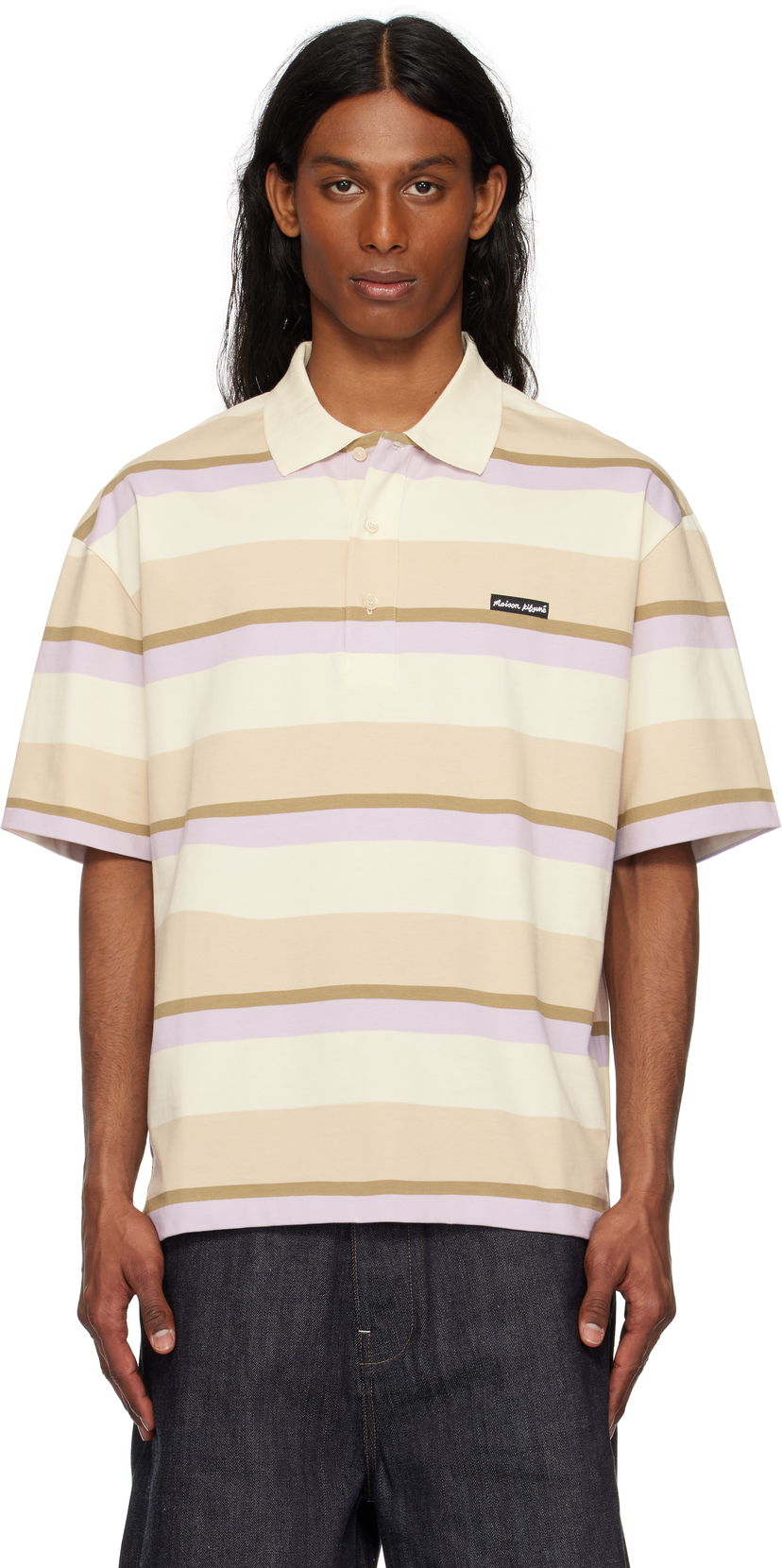 Polo majica MAISON KITSUNÉ Maison Kitsuné Striped Oversize Polo Bež | OM00206KJ7019