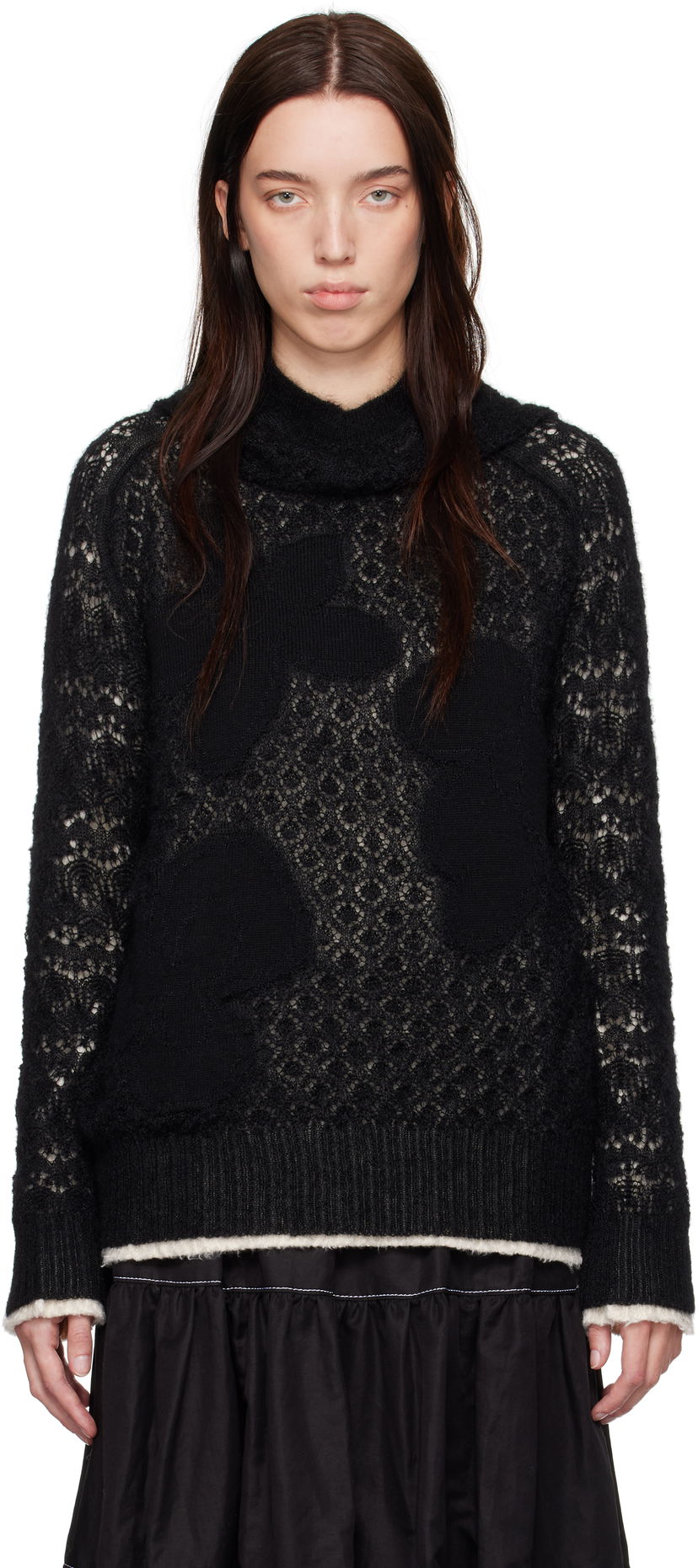 Džemper Comme des Garçons Comme Des Garçons Wool Lace Pattern Intarsia Hoodie Crna | TN-N024-051