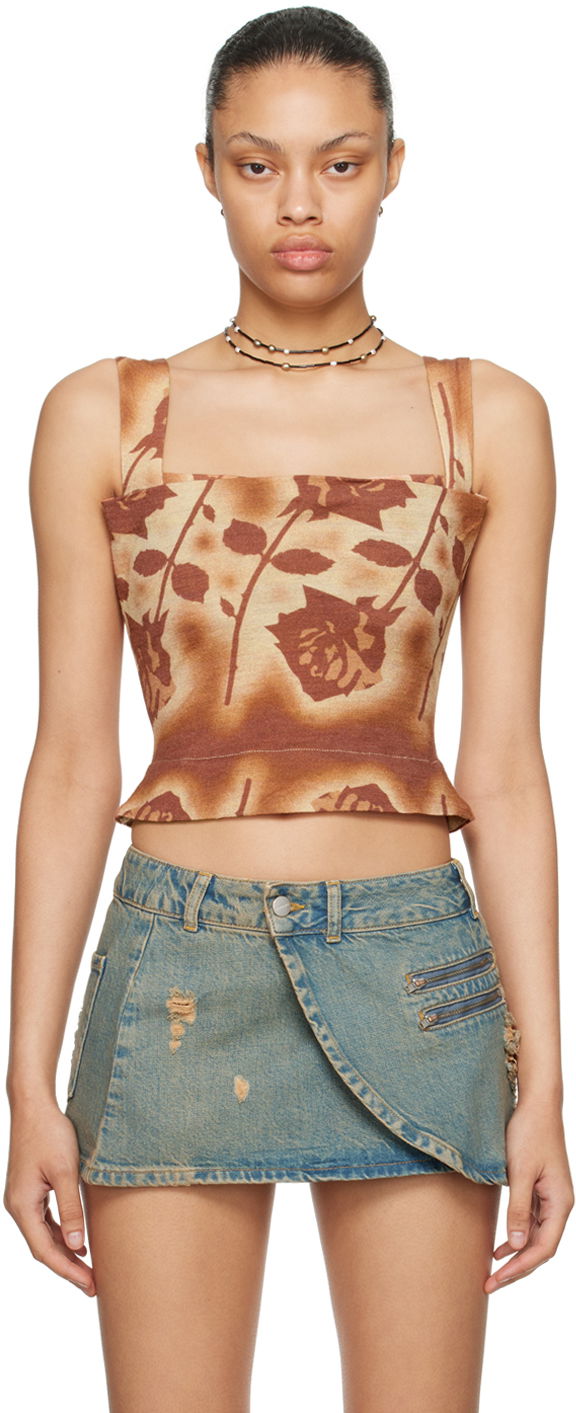 Majica bez rukava Miaou Miaou Imogene Rose Print Tank Top Smeđa | 7023WOSSRO