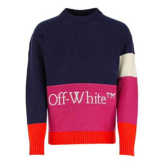 Džemper Off-White Colorblock Logo Round Neck Sweater Plava | OMHE048R21KNI0014972