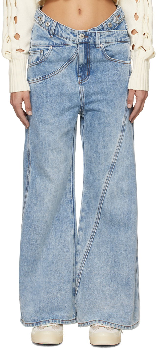 Jeans Feng Chen Wang Feng Chen Wang Cross Waistband Wide Leg Jeans Plava | FUS17TR02B