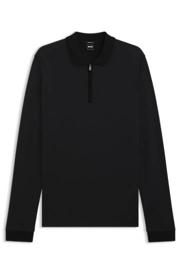 Polo majica BOSS Mercerised-cotton long-sleeve quarter-zip polo shirt with two-tone structure Crna | 50549583
