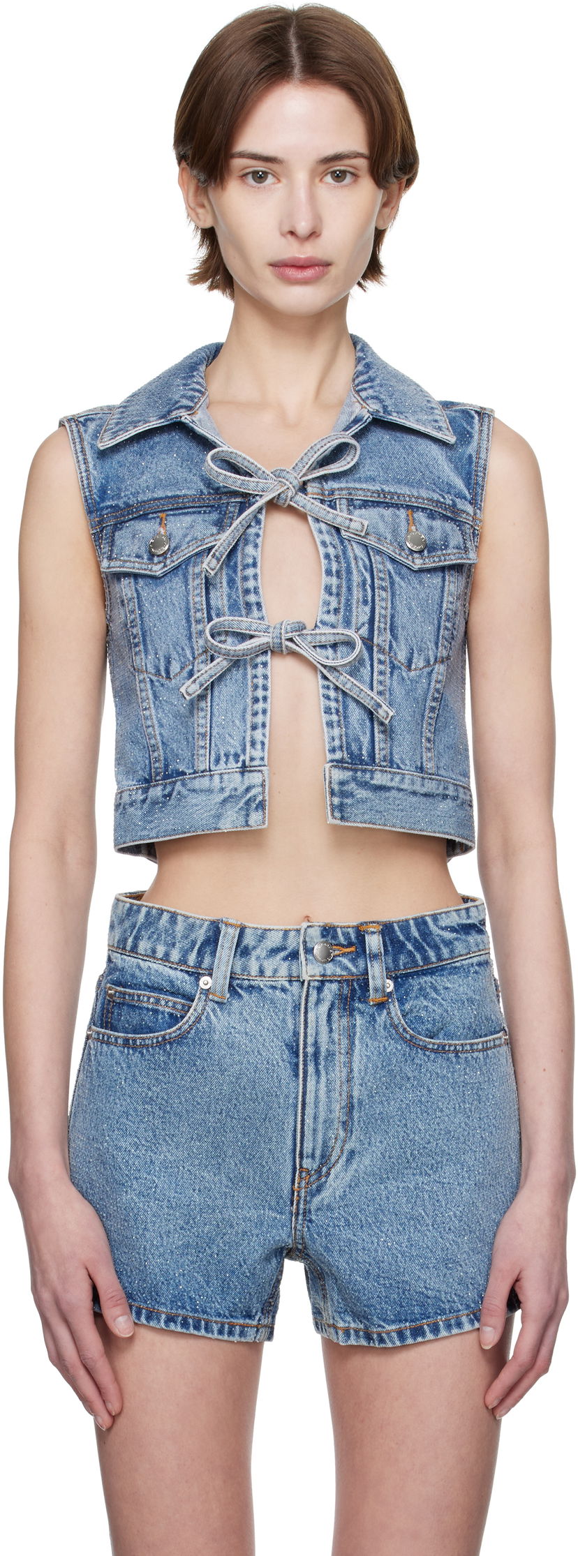 Prsluk Alexander Wang Alexander Wang Clear Bead Hotfix Cropped Denim Vest Plava | 1WC1251603
