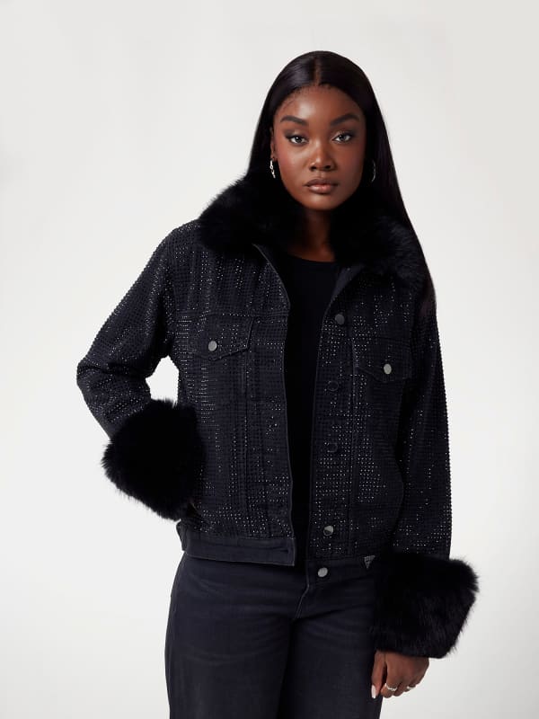 Jakna GUESS Faux Fur Trim Rhinestone Denim Jacket Crna | W4BN48D5HM1
